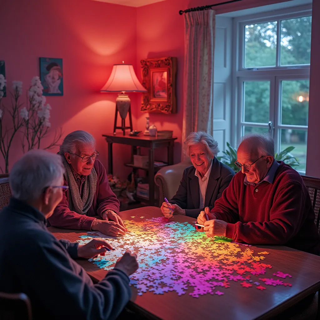 Senioři při skupinovém skládání puzzle